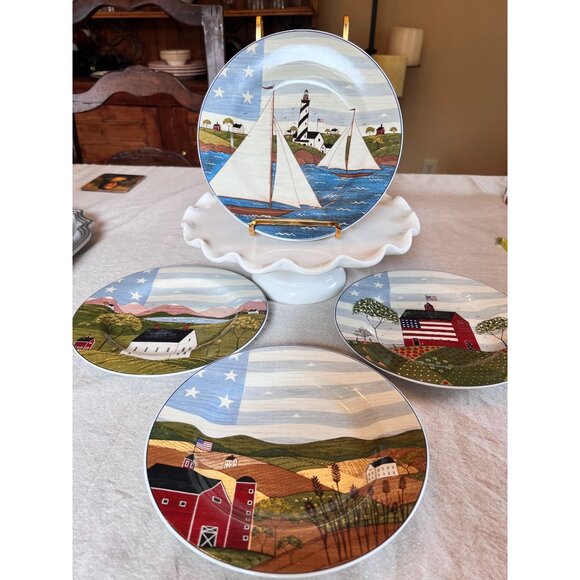VTG Warren Kimble Americana Themed Dessert Plates Patriotic Scenes Stoneware 8" - Picture 9 of 13